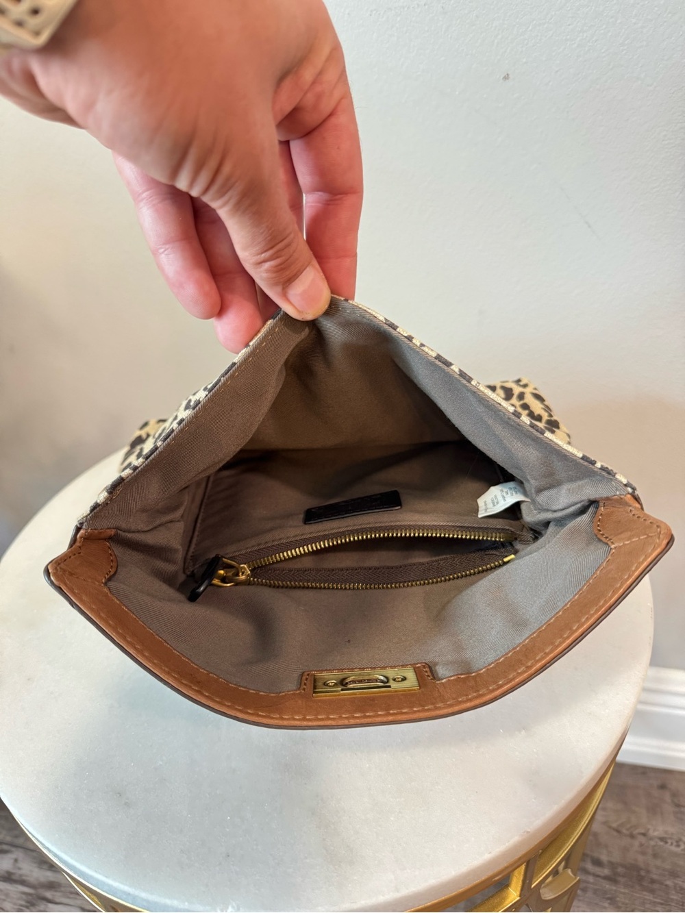 J. Crew Leopard Print Canvas Clutch with Brown Trim and Gold Hardware - Picture 7 of 10
